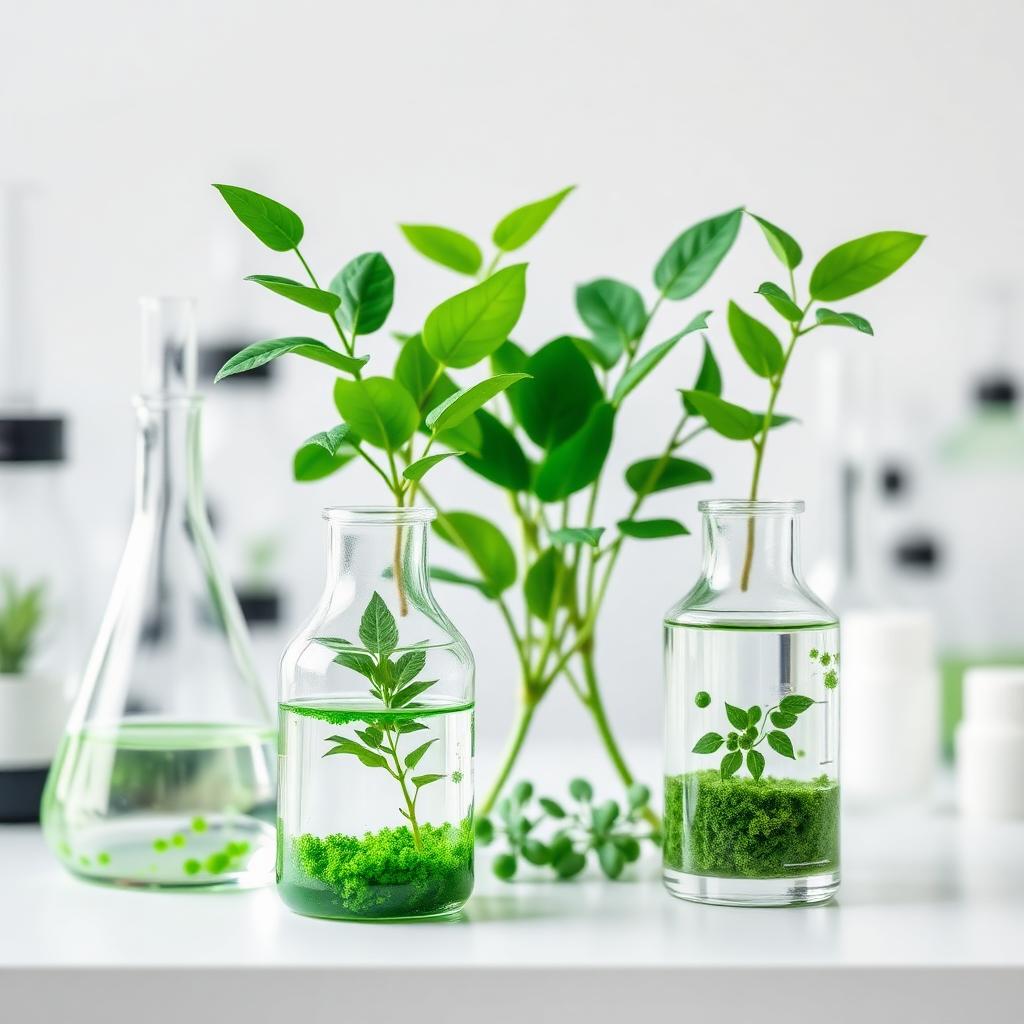 Laboratory glassware holding green plant cuttings during eco-friendly textile chemical testing